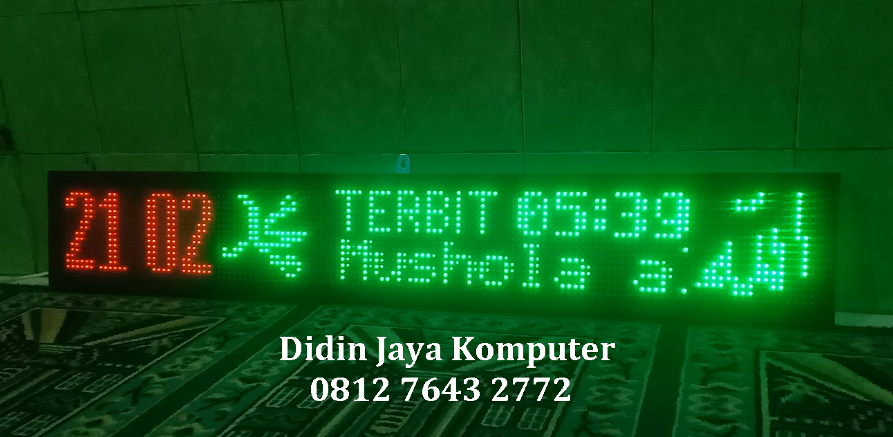<p>Jadwal sholat otomatis ukuran 20x132 yang menggunakan led warna merah dan hijau ini kami pasangkan di Mushola Al-Hikmah Bulupasar Kediri. Jadwal sholat dengan warna ini sangat populer dan sudah banyak digunakan di masjid maupun mushola. Tampilannya yang simple namun tetap memberikan kesan yang modern.&nbsp;</p>